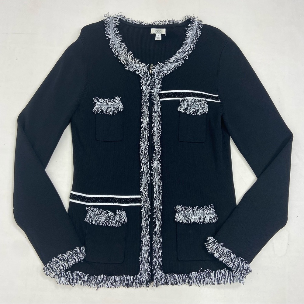Cachet black knit fringe zip jacket cardigan. M - Picture 2 of 11
